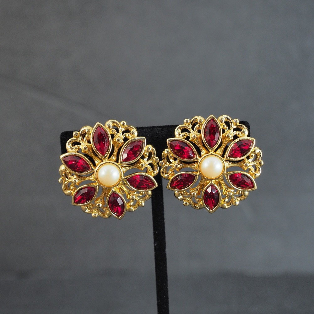 Avon Clip Earrings Gold Tone Red Rhinestone Faux Pearl Filigree Flower Vintage